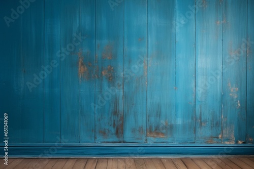 Wall with decorative blue paint and wooden paneling is perfect for backgrounds. Generative AI