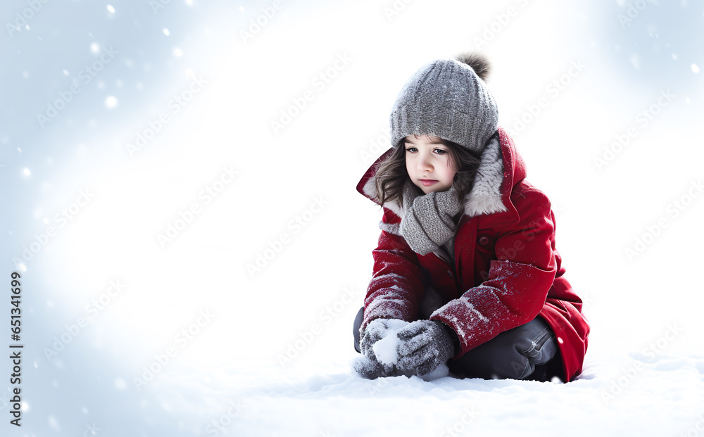 Warmly dressed little girl in a knitted hat sits in the snow Warmly dressed little girl in a knitted hat sits in the snow
