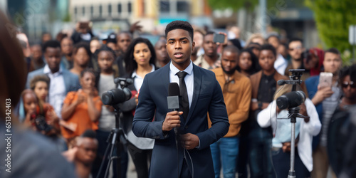man public black speaker giving speech in front of tv camera or breaking news reporter covering live news media and television press headlines standing in the middle of the street holding microphone photo
