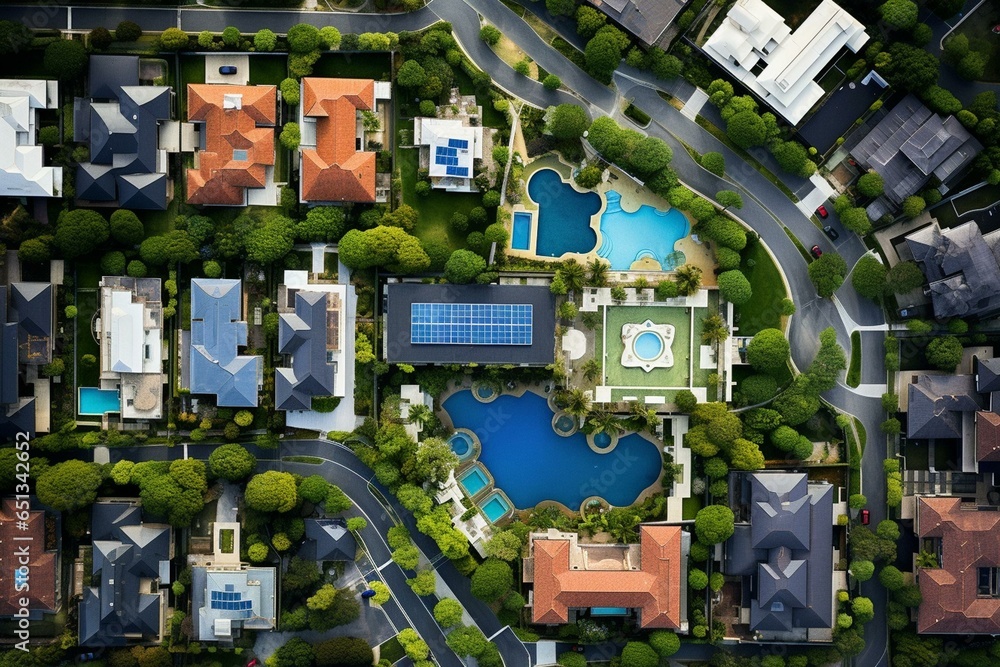 A luxurious residential area captured from above, featuring houses and streets in Sydney, Australia. Generative AI