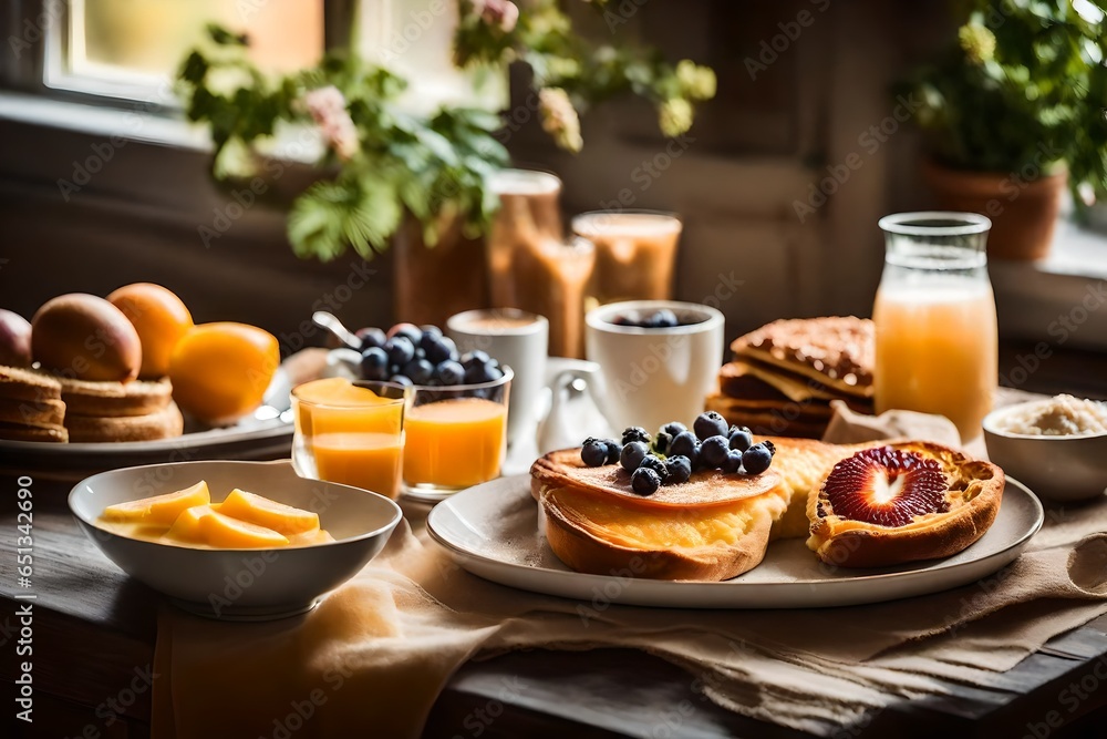 breakfast with coffee and orange juice, A sumptuous breakfast scene