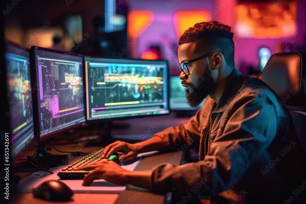 High-Resolution Portrait of a Game Designer Posing at Work in an Agency. Generative AI High-Resolution Portrait of a Game Designer Posing at Work in an Agency. Generative AI