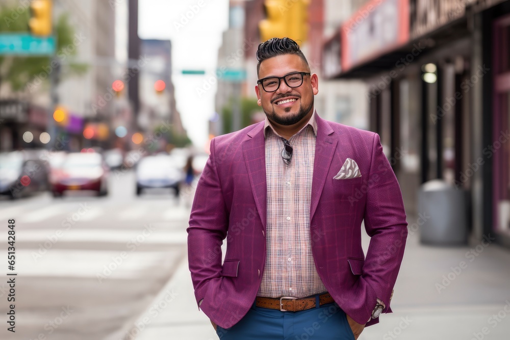 Fototapeta premium Confident Plus-Sized Latino Businessman: Professional Portrait in Urban Setting. Generative AI
