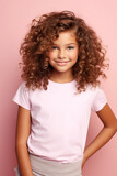 girl 8 years old with toothless smile, curly hair, half body model shot, casual pose, light pink background, surreal, very friendly