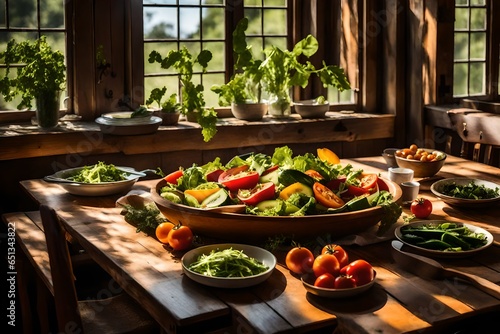 vegetable salad, A bountiful meal is spread across a rustic wooden table, bathed in warm sunlight streaming through the window.