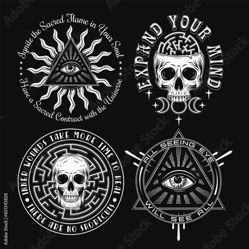 Set of labels with all seeing eye, skulls, labyrinth, text. Concept of intuition, secret knowledge, psychic abilities Monochrome mystical vintage illustrations for clothing, apparel, T-shirts design