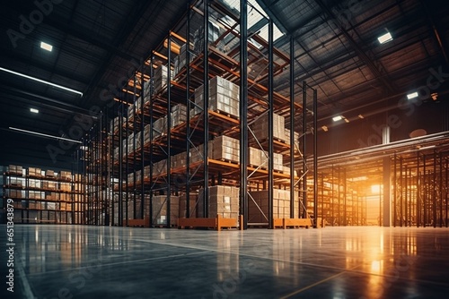 Empty industrial warehouse with racks during evening. Concept of real estate. Generative AI