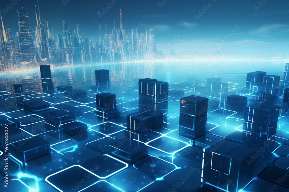 An abstract digital environment features a futuristic visualization of ...