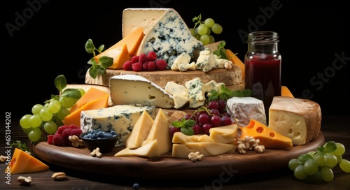 Cheese board - various types of cheese composition with grapes and snacks.