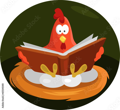 Chicken reading book, illustration, vector on a white background.