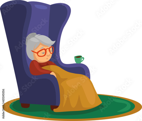 Grandmother sleeping in chair, illustration, vector on a white background.