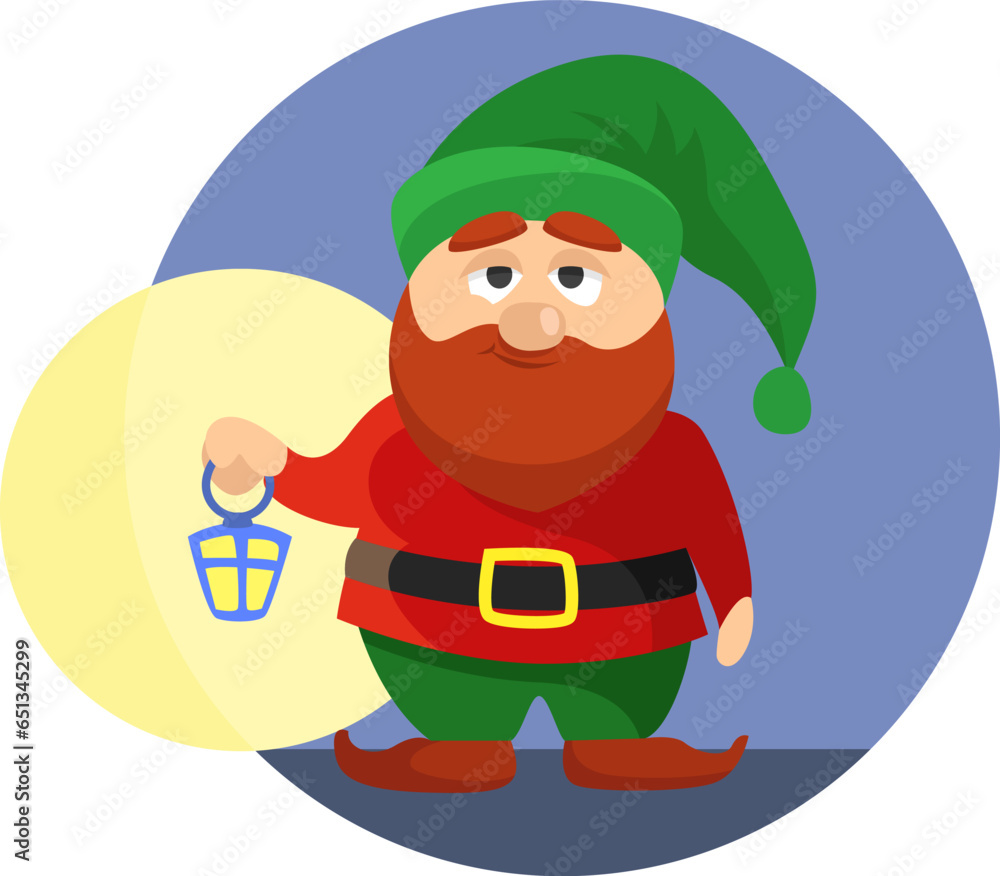 Gnome with lantern, illustration, vector on a white background. Gnome with lantern, illustration, vector on a white background.