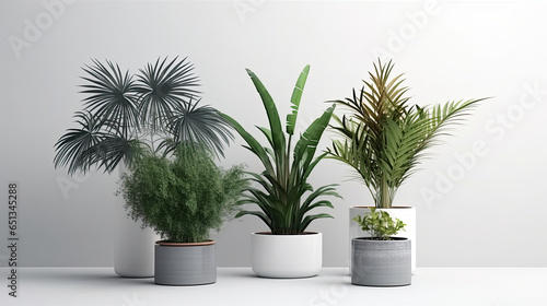 Illustration of a row of tropical houseplants in ceramic containers generative AI