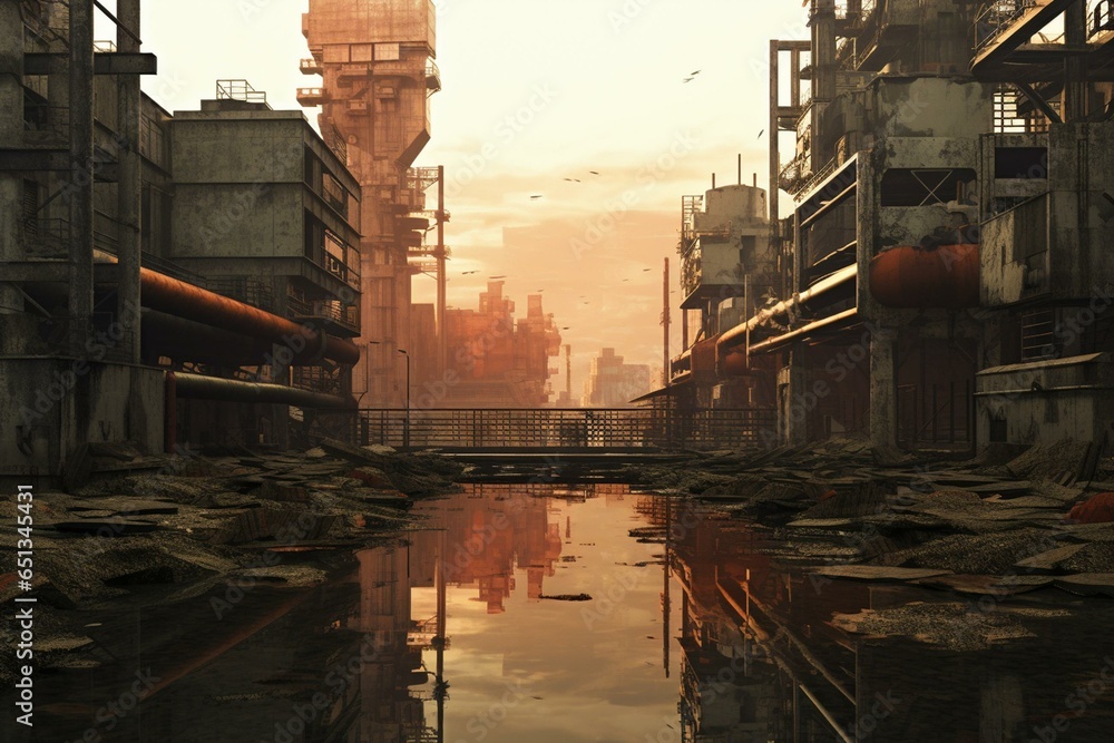 Artwork depicting a dystopian urban landscape. Generative AI