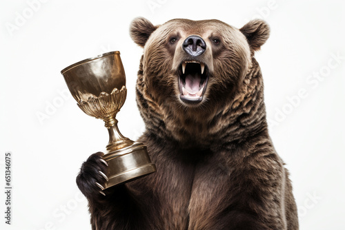 bear holding trophy isolated white background photo
