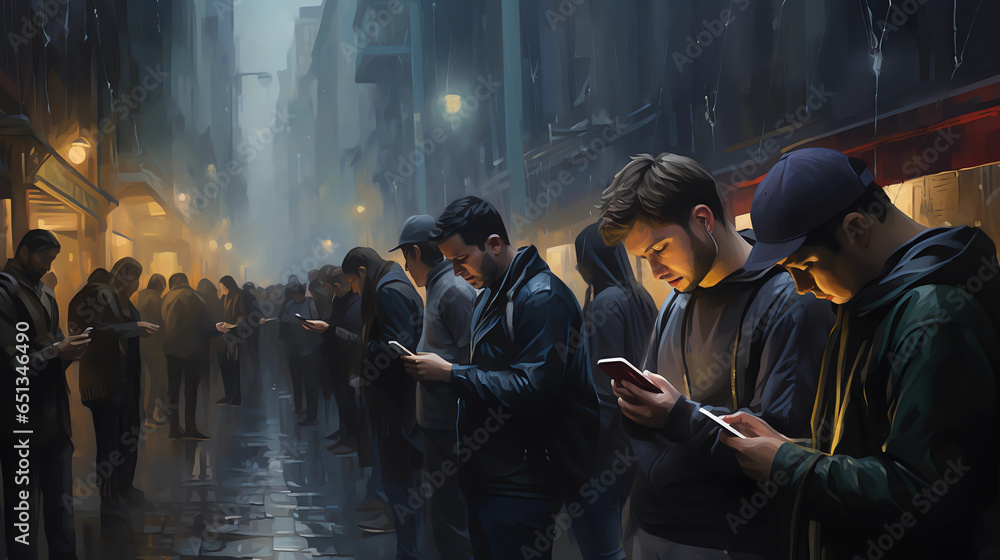 A bustling city street filled with people engrossed in their smartphones, oblivious to a homeless individual seeking help, symbolizing society's digital obsession and desensitization to the less fortu - obrazy, fototapety, plakaty 