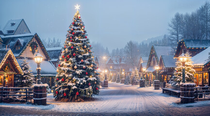 Christmas village, snowy santa village with a big Christmas tree and pine trees, xmas decorations, magical feel