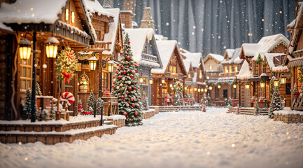 Christmas village, snowy santa village with a big Christmas tree and pine trees, xmas decorations, magical feel