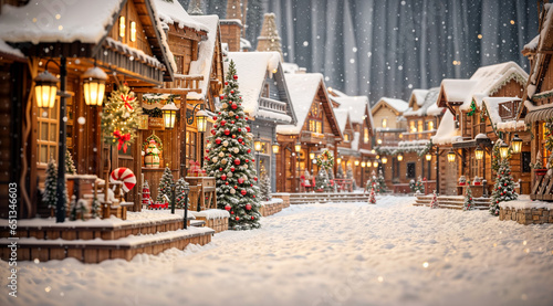 Christmas village, snowy santa village with a big Christmas tree and pine trees, xmas decorations, magical feel