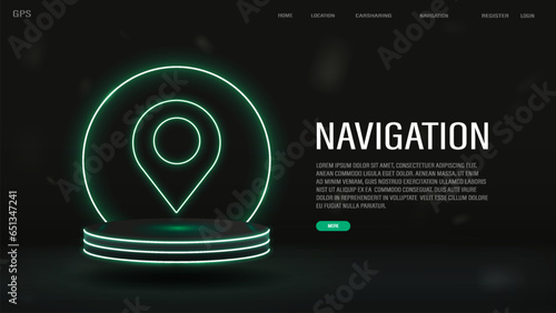 A web banner with a navigator pin on the podium with a neon frame in green. GPS concept.
