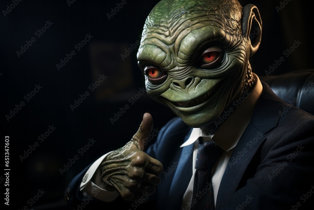 Alien shows thumbs up gesture. Portrait with selective focus and copy space
