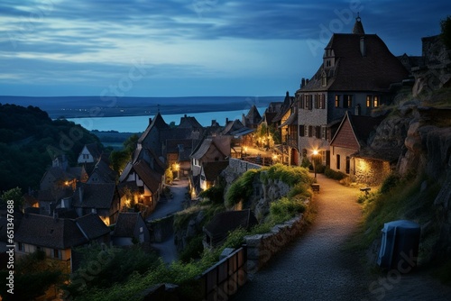 Tablou canvas Medieval hilltop town in France, viewed at dusk from an observation point