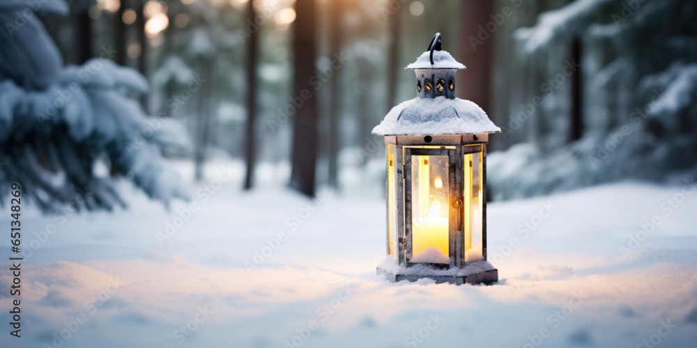 Christmas Lantern On Snow With Fir Branch in the Sunlight
