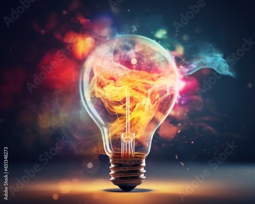 A fine technologic 3D illustration of a light bulb, exploding with colorful neon dust and smoke, idea and LGBTQIA+ concepts