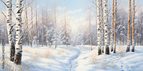 Painting of a winter landscape with snowy birch trees in the park