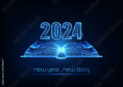 Abstract 2024 Happy New Year concept banner with open book in futuristic glowing style on dark blue