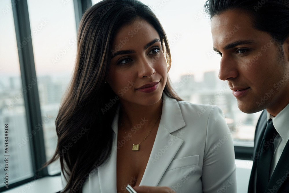 Fototapeta premium Latin businesswoman in an office looking at a coworker
