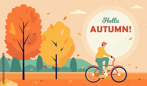 Hello Autumn banner. Young man on bicycle in Park with orange trees. Fall season with bright leaves falling from trees. Landscape Vector flat background illustration.