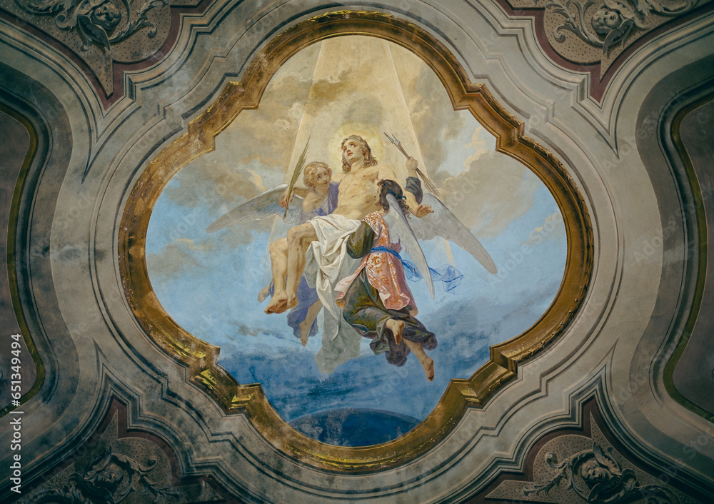 Obraz premium Painting of Jesus being taken to heaven by angels