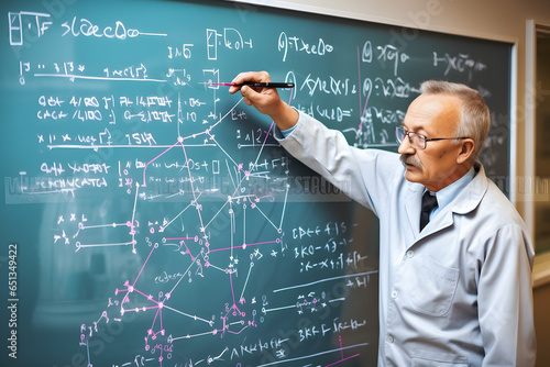 Chemistry professor writing on a blackboard with a marker