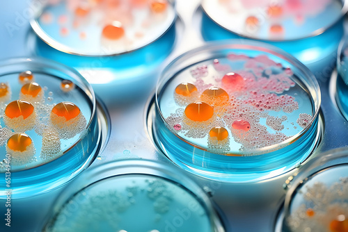 A colorful array of a petri dish with bacterial colonies