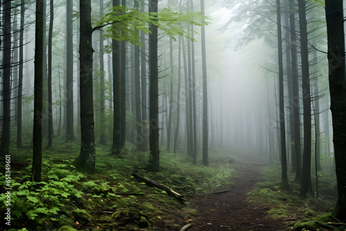 A misty forest trail surrounded by trees