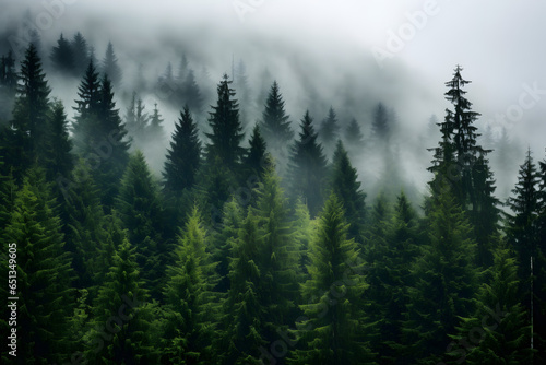 A dense fog enveloping a mystical forest, creating an ethereal and enchanting atmosphere