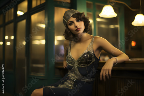 Female model in a 1920s flapper dress at a speakeasy photo