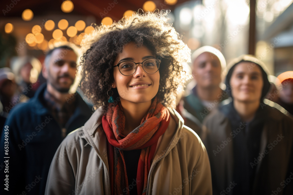 A close-up of a smiling face with a diverse group of people in the background, celebrating the unity in combating social isolation's impact on mental health. Generative Ai.