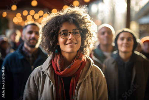 A close-up of a smiling face with a diverse group of people in the background, celebrating the unity in combating social isolation\'s impact on mental health. Generative Ai.
