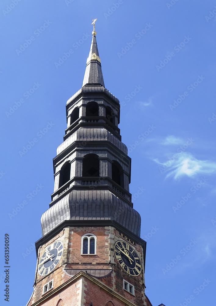 Tower of St. Catherine's Church in Hamburg with the golden crown of the infamous pirate Klaus Störtebeker