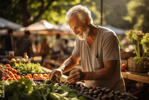 A consumer at a farmers' market, showcasing the appeal of locally sourced and artisanal products. Generative Ai.