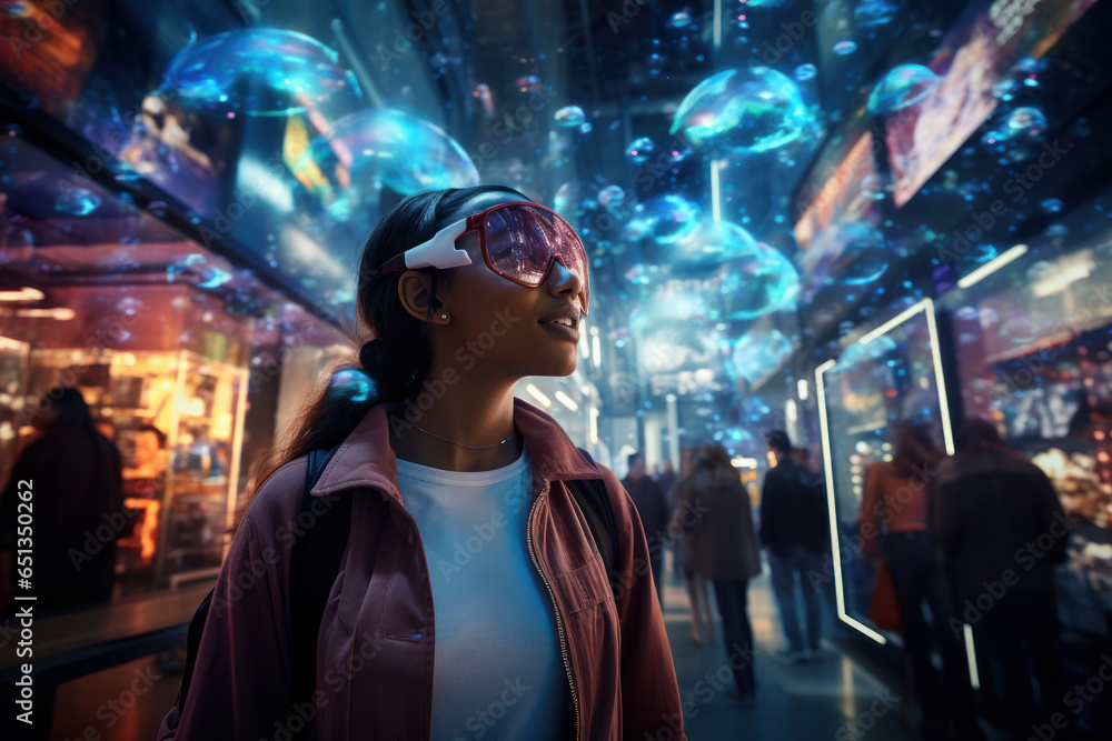 A shopper navigating through a virtual reality store, exploring the future of immersive e-commerce. Generative Ai. A shopper navigating through a virtual reality store, exploring the future of immersive e-commerce. Generative Ai.