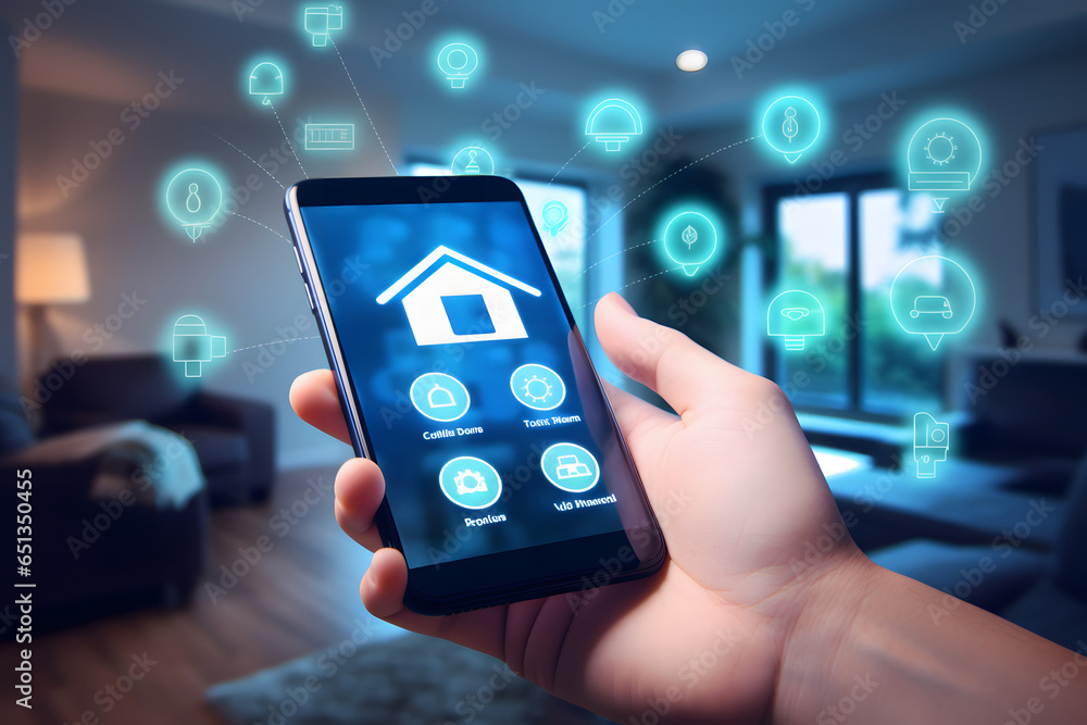 Person using a smartphone to control smart home devices Person using a smartphone to control smart home devices