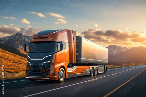 A self-driving truck transporting goods on a highway. Generative Ai.