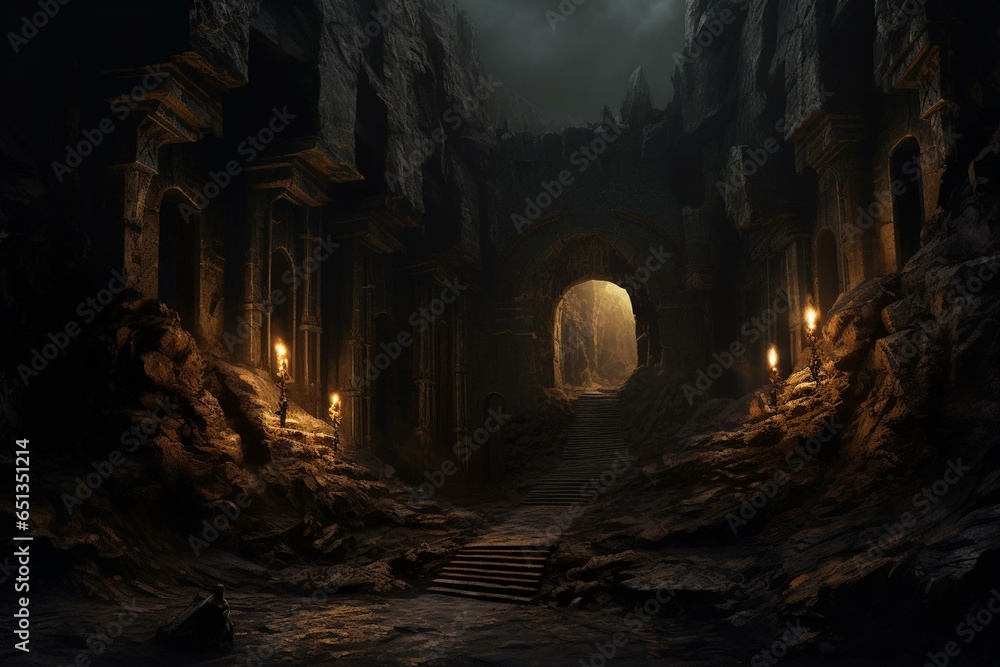 Dark, moonlit mine entrance, gleaming gold, breathtaking landscape. Generative AI