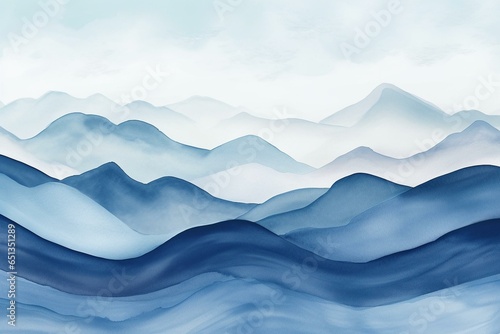 Beautiful abstract mountain background featuring watercolor wallpaper with wavy lines, hill, sky, and dark blue color. Luxurious blue tone design perfect for banner, covers, wall art,. Generative AI