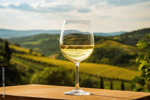 Glass of white wine and landscape background  product display