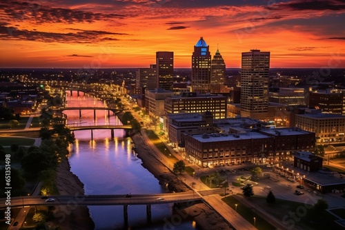 Downtown Des Moines sunrise aerial view. Generative AI photo