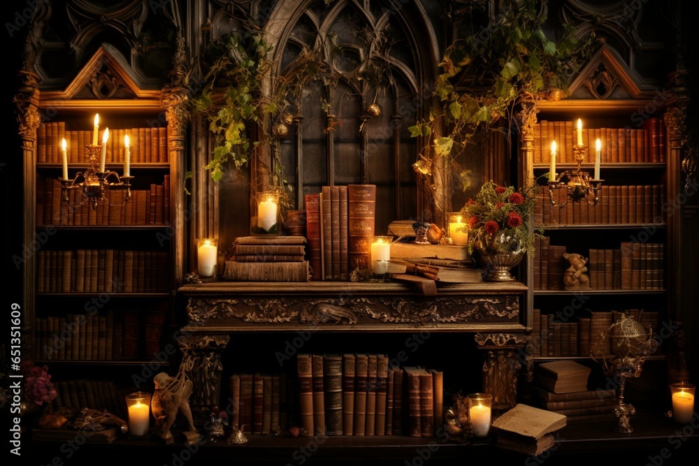 Antique bookshelf adorned with enchanting books, candles, and mystical lights. Generative AI